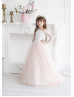 Long Sleeves Ivory Lace Pink Tulle Flower Girl Dress